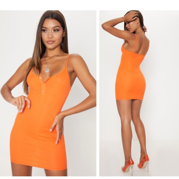 Orange Ribbed Button Detail Dress